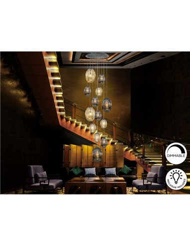 Suspension OVILA avec 13 lumières LED, 8W, 11310 lm, abat-jour en verre cognac/fumé, dimmable, IP20, chromée.