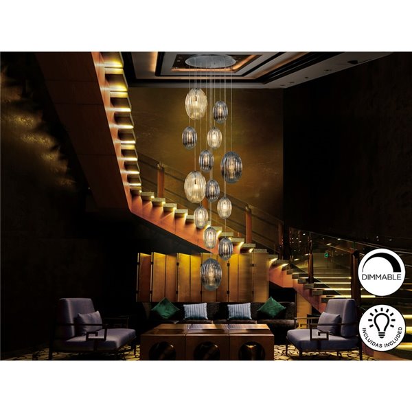 Luminária pendente OVILA com 13 lâmpadas LED, 8W, 11310 lm, cúpulas de vidro cor conhaque/fumê, dimerizável, IP20, cromada.