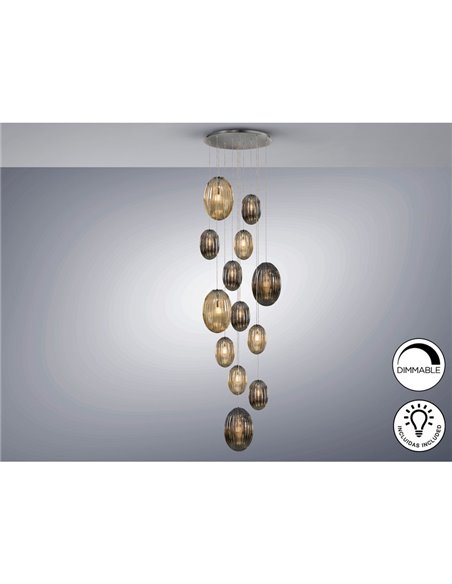 Suspension OVILA avec 13 lumières LED, 8W, 11310 lm, abat-jour en verre cognac/fumé, dimmable, IP20, chromée.