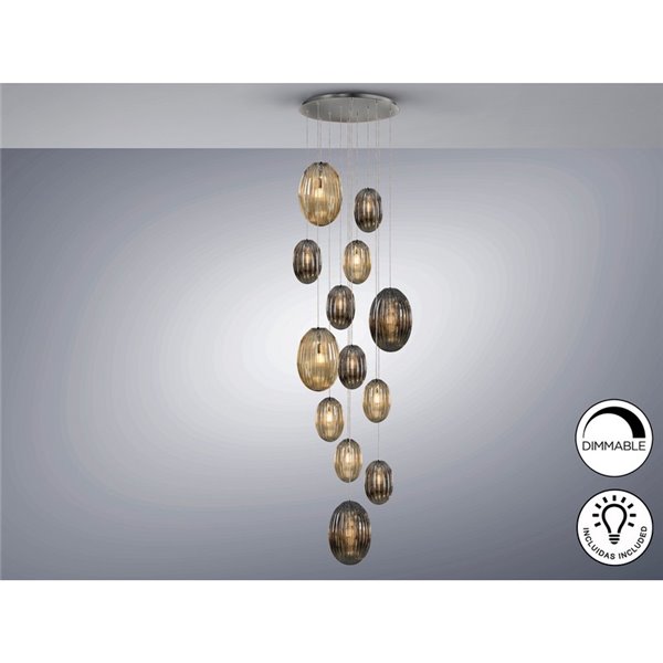 Luminária pendente OVILA com 13 lâmpadas LED, 8W, 11310 lm, cúpulas de vidro cor conhaque/fumê, dimerizável, IP20, cromada.