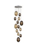 Suspension OVILA avec 13 lumières LED, 8W, 11310 lm, abat-jour en verre cognac/fumé, dimmable, IP20, chromée.