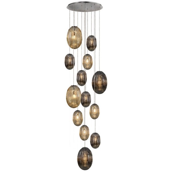 Luminária pendente OVILA com 13 lâmpadas LED, 8W, 11310 lm, cúpulas de vidro cor conhaque/fumê, dimerizável, IP20, cromada.