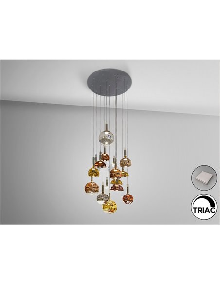 Luminária de teto CHARLIZE com 16 LEDs, 96W, 3520 lm, vidro colorido, dimerizável, IP20, cromada.