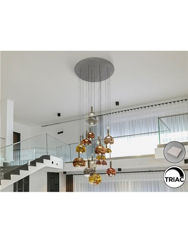 Luminária de teto CHARLIZE com 16 LEDs, 96W, 3520 lm, vidro colorido, dimerizável, IP20, cromada.