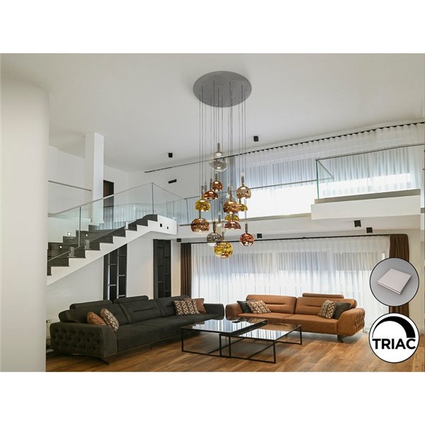 Luminária de teto CHARLIZE com 16 LEDs, 96W, 3520 lm, vidro colorido, dimerizável, IP20, cromada.