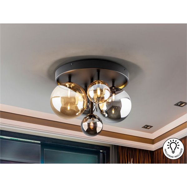 Plafón de techo DARK Ø45cm LED 4W 2000 lm 5 luces cristal ámbar/smoke IP20 Negro/latón