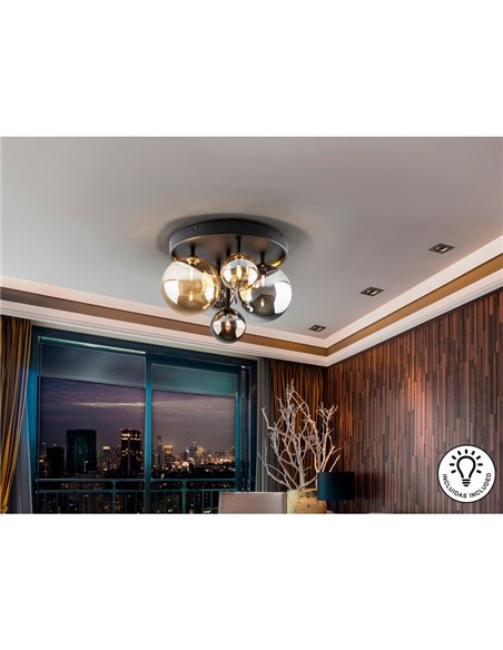 Plafonnier noir Ø45cm LED 4W 2000 lm 5 lumières Verre ambré/fumé IP20 Noir/Laiton