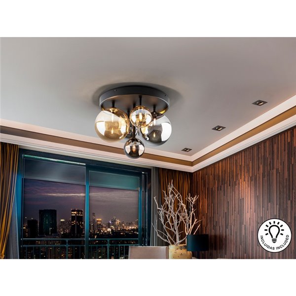 Luminária de teto DARK Ø45cm LED 4W 2000 lm 5 lâmpadas Vidro âmbar/fumê IP20 Preto/Latão