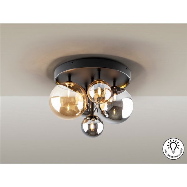 Plafón de techo DARK Ø45cm LED 4W 2000 lm 5 luces cristal ámbar/smoke IP20 Negro/latón