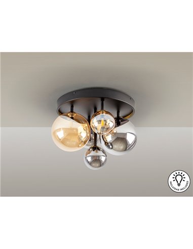 Plafonnier noir Ø45cm LED 4W 2000 lm 5 lumières Verre ambré/fumé IP20 Noir/Laiton
