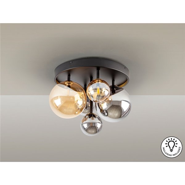 Luminária de teto DARK Ø45cm LED 4W 2000 lm 5 lâmpadas Vidro âmbar/fumê IP20 Preto/Latão