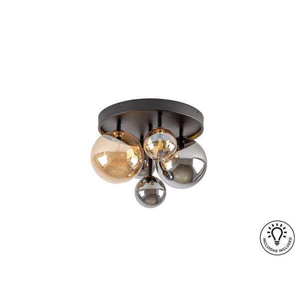 Plafonnier noir Ø45cm LED 4W 2000 lm 5 lumières Verre ambré/fumé IP20 Noir/Laiton