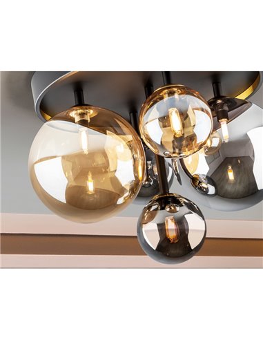 Plafonnier noir Ø45cm LED 4W 2000 lm 5 lumières Verre ambré/fumé IP20 Noir/Laiton