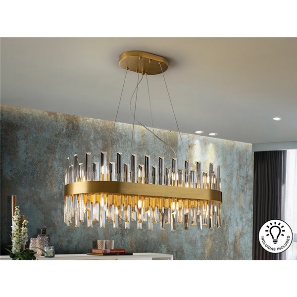 Lámpara colgante GRACE ovalada 20 luces LED 4W 8000 lm cristal tipo prisma IP20 Oro