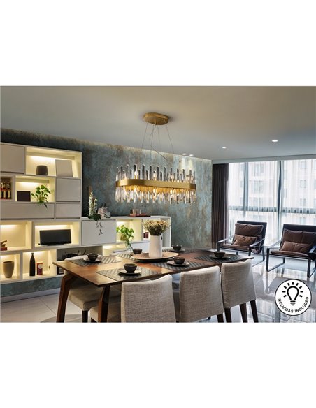 Luminária pendente oval GRACE com 20 lâmpadas LED, 4W, 8000 lm, vidro prismático, IP20, dourada.