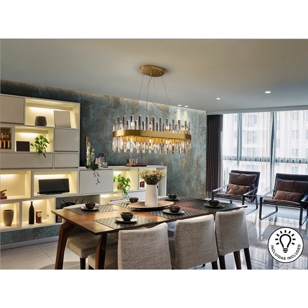 Luminária pendente oval GRACE com 20 lâmpadas LED, 4W, 8000 lm, vidro prismático, IP20, dourada.