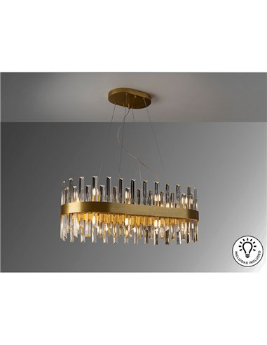 Luminária pendente oval GRACE com 20 lâmpadas LED, 4W, 8000 lm, vidro prismático, IP20, dourada.