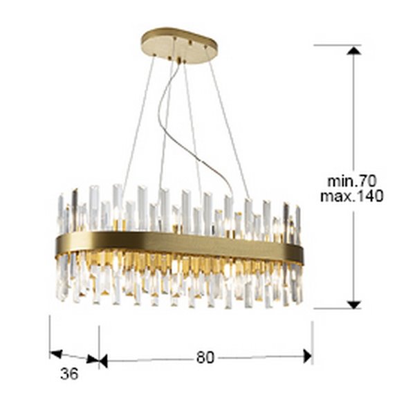 Lámpara colgante GRACE ovalada 20 luces LED 4W 8000 lm cristal tipo prisma IP20 Oro