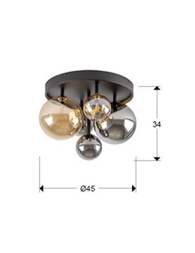 Plafonnier noir Ø45cm LED 4W 2000 lm 5 lumières Verre ambré/fumé IP20 Noir/Laiton