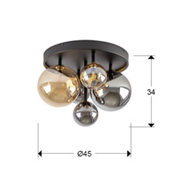 Luminária de teto DARK Ø45cm LED 4W 2000 lm 5 lâmpadas Vidro âmbar/fumê IP20 Preto/Latão