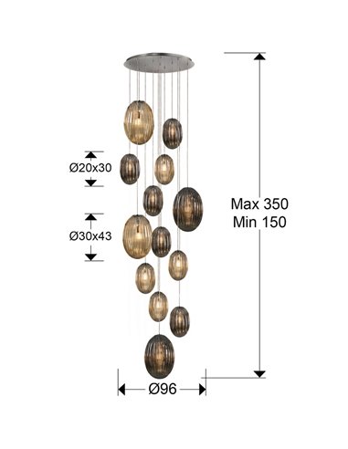 Lámpara colgante OVILA 13 luces LED 8W 11310 lm tulipas cristal coñac/smoke, regulable IP20 Cromo