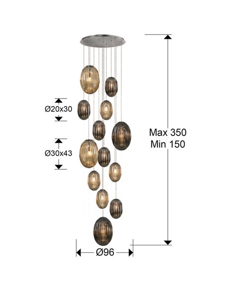 Suspension OVILA avec 13 lumières LED, 8W, 11310 lm, abat-jour en verre cognac/fumé, dimmable, IP20, chromée.