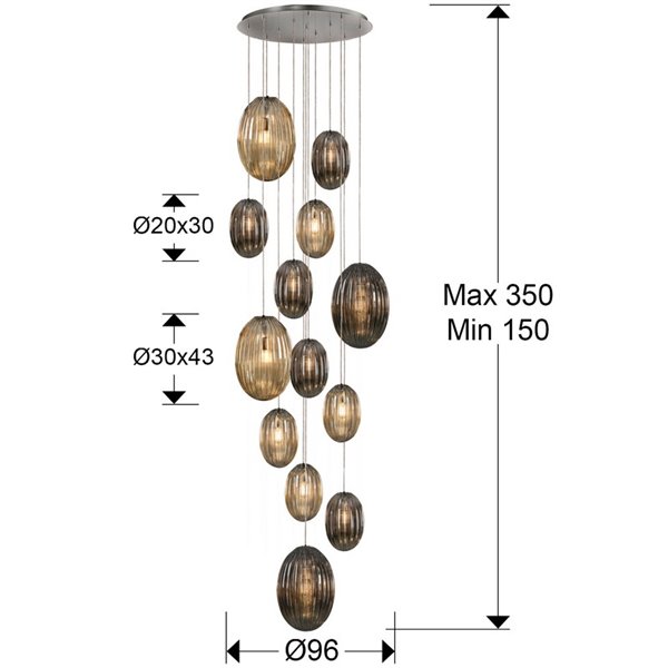 Lámpara colgante OVILA 13 luces LED 8W 11310 lm tulipas cristal coñac/smoke, regulable IP20 Cromo