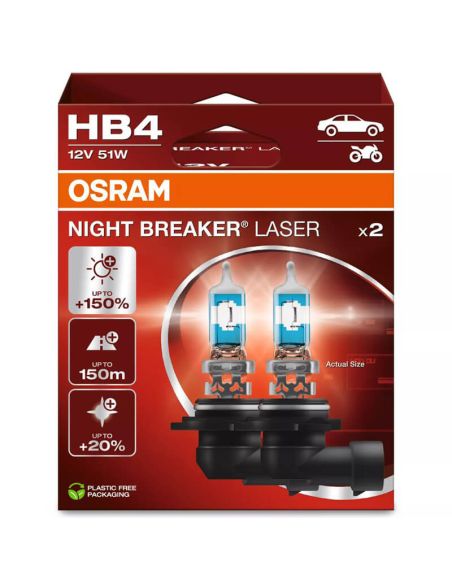 Pack 2 Bombillas halógenas OSRAM NIGHT BREAKER LASER HB4 9006NL +150% luz 12V 9006NL-2HB