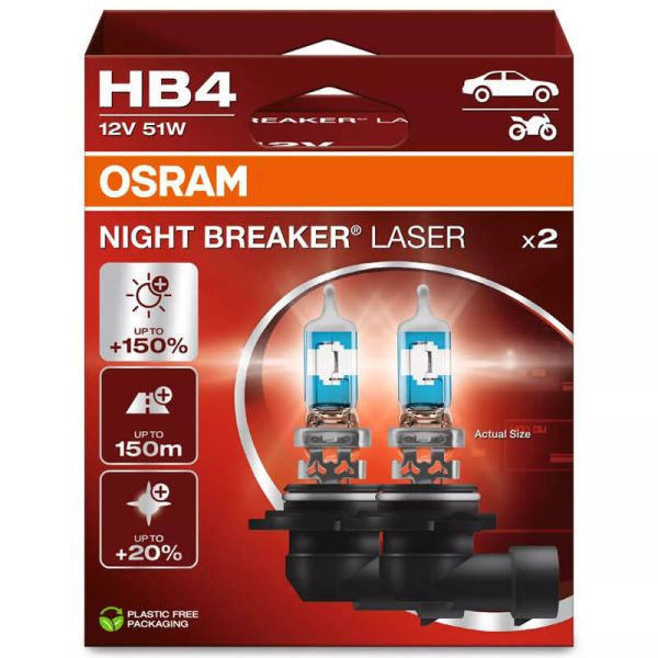 Pacote com 2 lâmpadas halógenas OSRAM NIGHT BREAKER LASER HB4 9006NL +150% de luminosidade 12V 9006NL-2HB