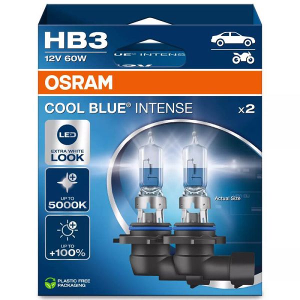 Pacote com 2 lâmpadas halógenas OSRAM COOL BLUE INTENSE HB3 9005CBN 12V – Luz extra branca 5.000K 9005CBN-2HB