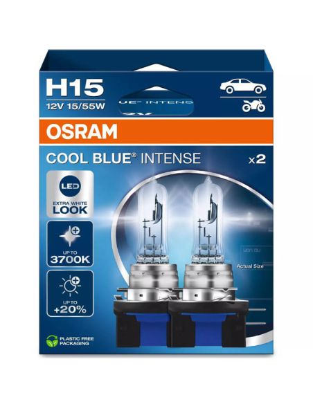 Pack 2 Bombillas halógenas OSRAM COOL BLUE INTENSE H15 64176CBN-2HB 12V – Luz blanca intensa efecto LED