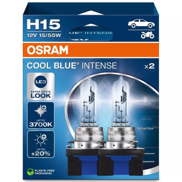 Pack 2 Bombillas halógenas OSRAM COOL BLUE INTENSE H15 64176CBN-2HB 12V – Luz blanca intensa efecto LED