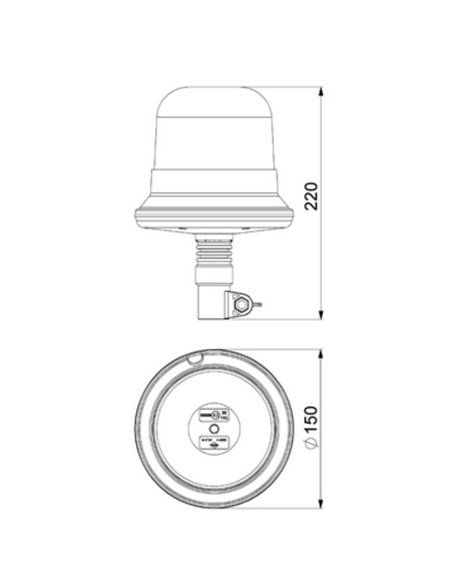 Balise rotative à LED à clignotement unique LDO 2661 12/24 V, conforme aux normes ECE R10 EMC et IP68, montage sur embase.