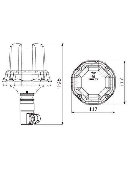 Sinalizador rotativo LED LDO 2279, montagem em haste, controle remoto, DIN 12/24V, ECE R10 R65 TA1 EMC IP68