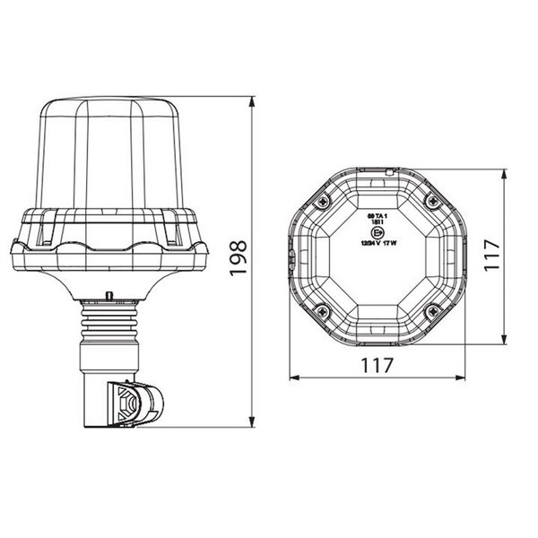 Balise rotative à LED LDO 2279, montage sur tige, télécommande, DIN 12/24 V, ECE R10 R65 TA1 EMC IP68