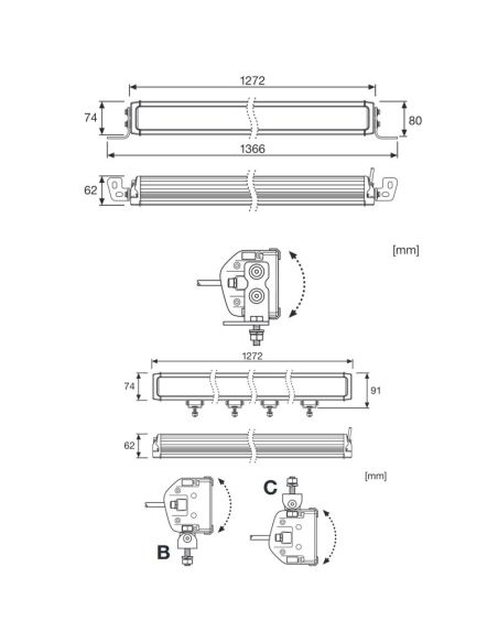 Medidas Barra LED de 128Cm Homologada VX1250-CB DR SM LEDDL127-CB DR SM 2 X ECE R149 (2 X 20 Puntos de luz)