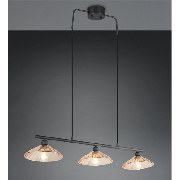 Luminária de teto ELUNA com 3 cúpulas de vidro, lâmpada não inclusa. 3 soquetes E27, máx. 60W, IP20, âmbar/preto.