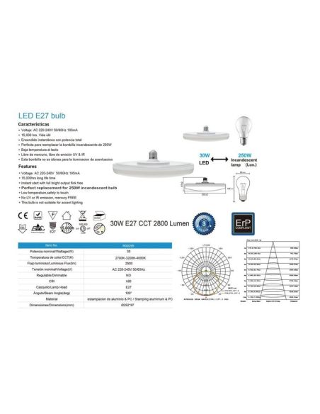 Bombilla LED E27 de tulipa ancha Ø292mm, 30W equivalente a 250W 2800Lm100º CCT