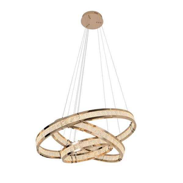 Luminária de teto LORIAN com 3 anéis de LED, 79W, 6300 lm, dimerizável, TRIAC 0-10V, dourada.