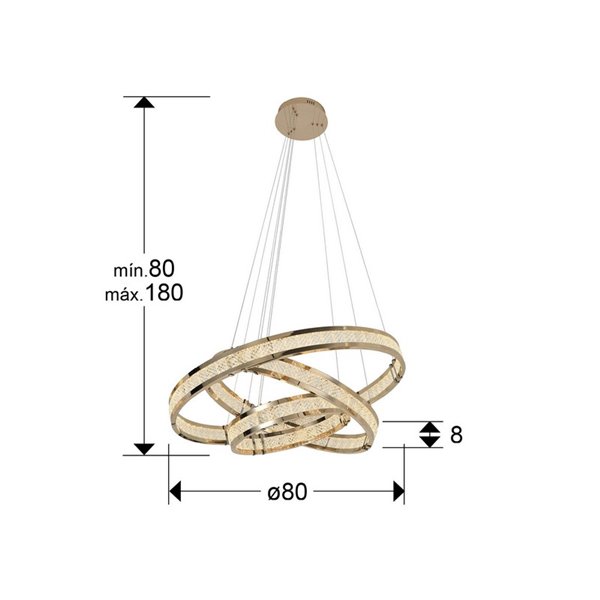 Luminária de teto LORIAN com 3 anéis de LED, 79W, 6300 lm, dimerizável, TRIAC 0-10V, dourada.