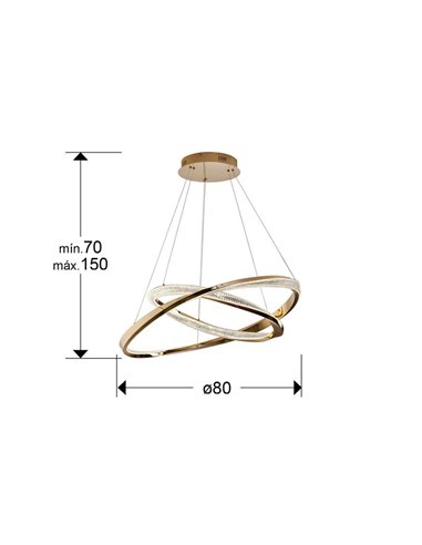 Luminária pendente ORBITS com 2 anéis de LED, 68W, 4700 lm, dimerizável via aplicativo TUYA, dourada.