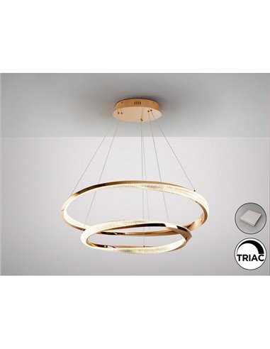 Luminária pendente ORBITS com 2 anéis de LED, 68W, 4700 lm, dimerizável via aplicativo TUYA, dourada.