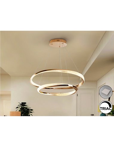 Suspension ORBITS avec 2 anneaux LED, 68 W, 4700 lm, intensité variable via l'application TUYA, Or