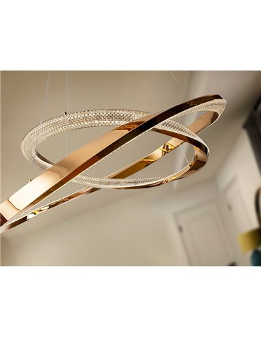 Luminária pendente ORBITS com 2 anéis de LED, 68W, 4700 lm, dimerizável via aplicativo TUYA, dourada.