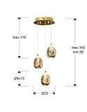 Luminária de teto ROCÍO, 3 lâmpadas LED, 15W, 1440 lm, cristal, efeito gota, dourada