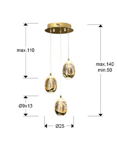 Lámpara de techo ROCÍO 3 luces LED 15W 1440 lm cristal, efecto lágrimas Oro