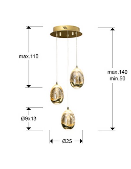 Plafonnier ROCÍO, 3 LED, 15 W, 1440 lm, cristal, effet goutte d'eau, doré