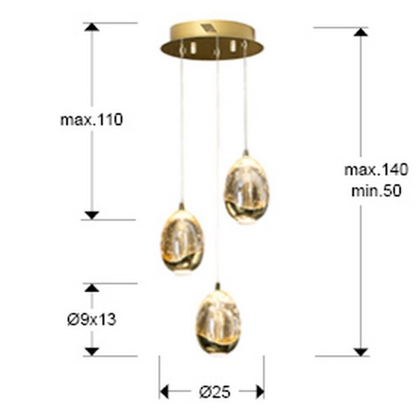 Lámpara de techo ROCÍO 3 luces LED 15W 1440 lm cristal, efecto lágrimas Oro