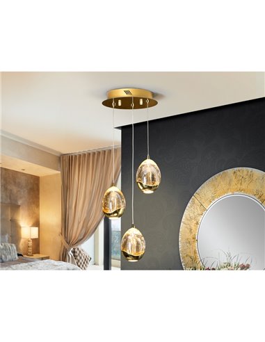 Luminária de teto ROCÍO, 3 lâmpadas LED, 15W, 1440 lm, cristal, efeito gota, dourada