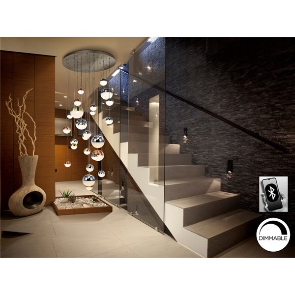 Luminária pendente SPHERE grande Ø80 com 27 LEDs, 147,6 W, 10330 lm, temperatura de cor controlada e Bluetooth.
